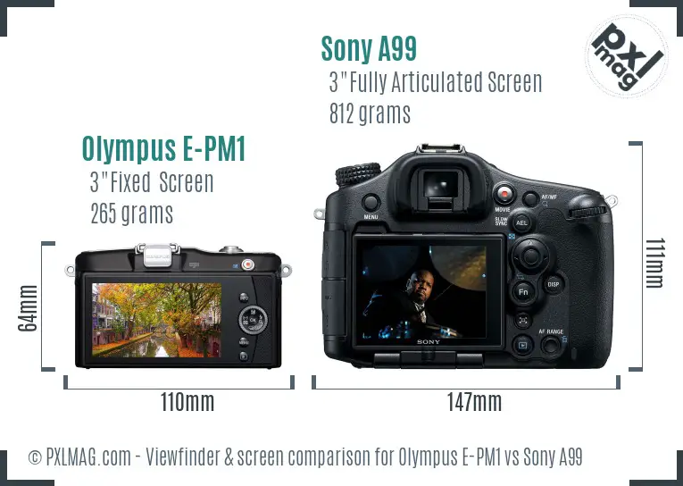 Olympus E-PM1 vs Sony A99 Screen and Viewfinder comparison