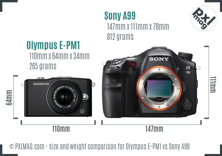 Olympus E-PM1 vs Sony A99 size comparison