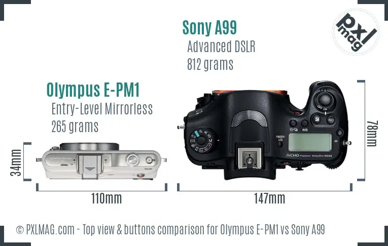 Olympus E-PM1 vs Sony A99 top view buttons comparison