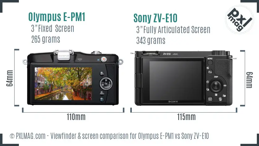 Olympus E-PM1 vs Sony ZV-E10 Screen and Viewfinder comparison