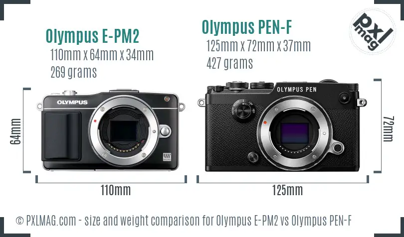 Olympus E-PM2 vs Olympus PEN-F size comparison