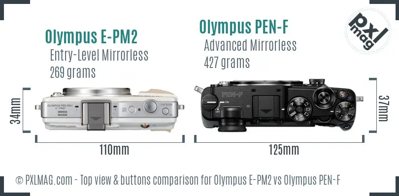 Olympus E-PM2 vs Olympus PEN-F top view buttons comparison