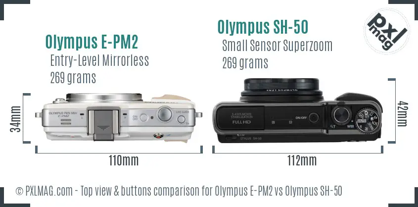 Olympus E-PM2 vs Olympus SH-50 top view buttons comparison