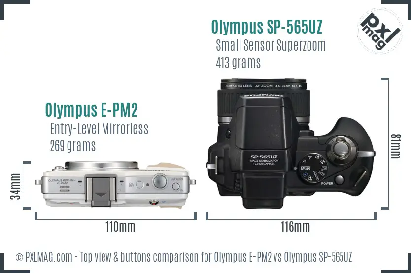 Olympus E-PM2 vs Olympus SP-565UZ top view buttons comparison