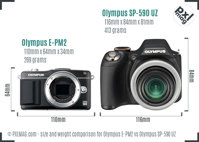 Olympus E-PM2 vs Olympus SP-590 UZ size comparison