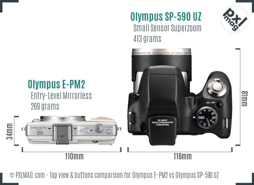 Olympus E-PM2 vs Olympus SP-590 UZ top view buttons comparison