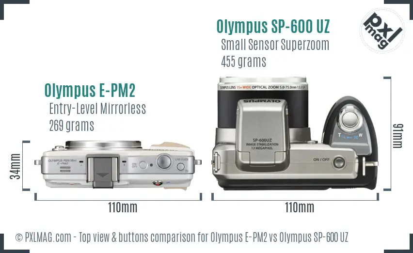 Olympus E-PM2 vs Olympus SP-600 UZ top view buttons comparison