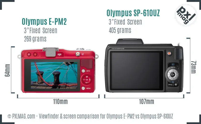 Olympus E-PM2 vs Olympus SP-610UZ Screen and Viewfinder comparison