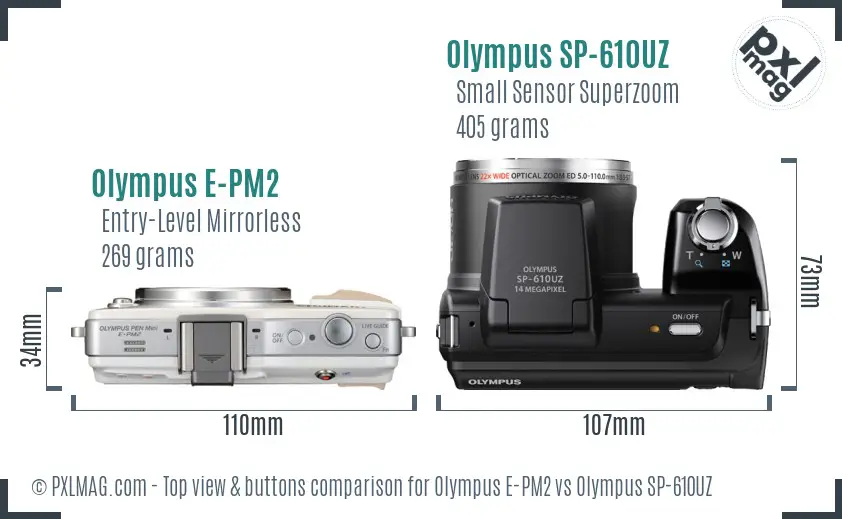 Olympus E-PM2 vs Olympus SP-610UZ top view buttons comparison