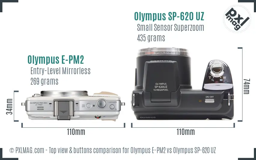 Olympus E-PM2 vs Olympus SP-620 UZ top view buttons comparison