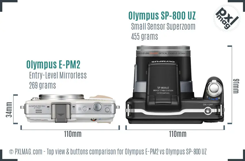 Olympus E-PM2 vs Olympus SP-800 UZ top view buttons comparison