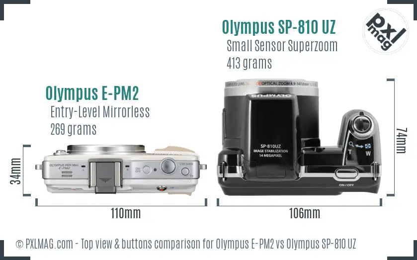 Olympus E-PM2 vs Olympus SP-810 UZ top view buttons comparison