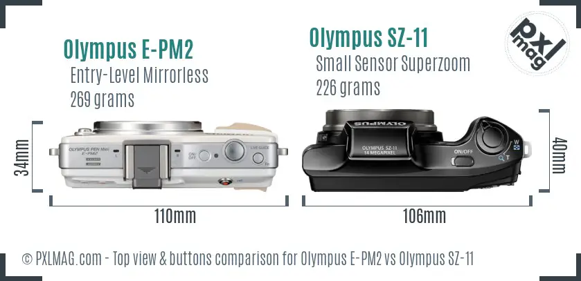Olympus E-PM2 vs Olympus SZ-11 top view buttons comparison