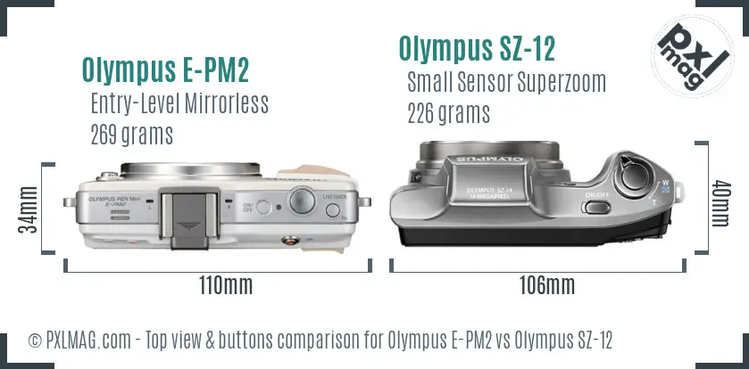 Olympus E-PM2 vs Olympus SZ-12 top view buttons comparison