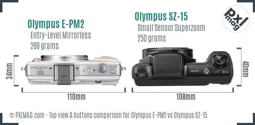 Olympus E-PM2 vs Olympus SZ-15 top view buttons comparison