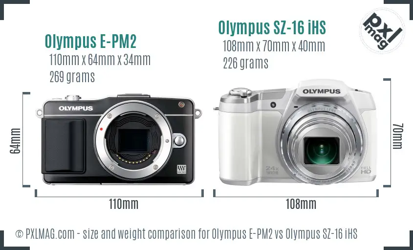 Olympus E-PM2 vs Olympus SZ-16 iHS size comparison