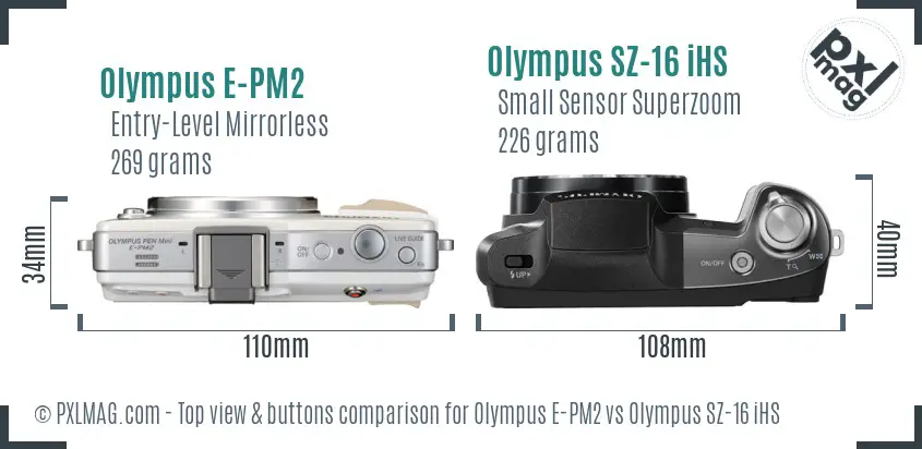 Olympus E-PM2 vs Olympus SZ-16 iHS top view buttons comparison