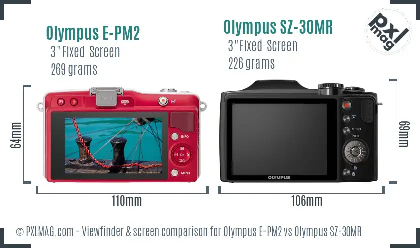 Olympus E-PM2 vs Olympus SZ-30MR Screen and Viewfinder comparison