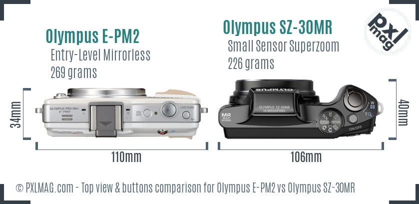 Olympus E-PM2 vs Olympus SZ-30MR top view buttons comparison