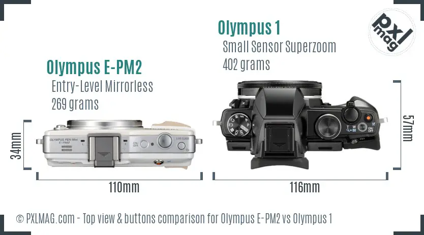 Olympus E-PM2 vs Olympus 1 top view buttons comparison