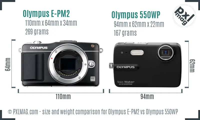 Olympus E-PM2 vs Olympus 550WP size comparison