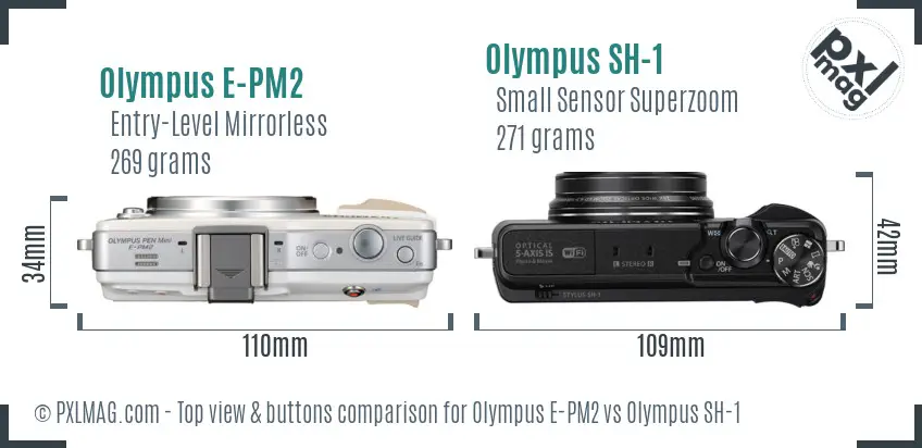 Olympus E-PM2 vs Olympus SH-1 top view buttons comparison