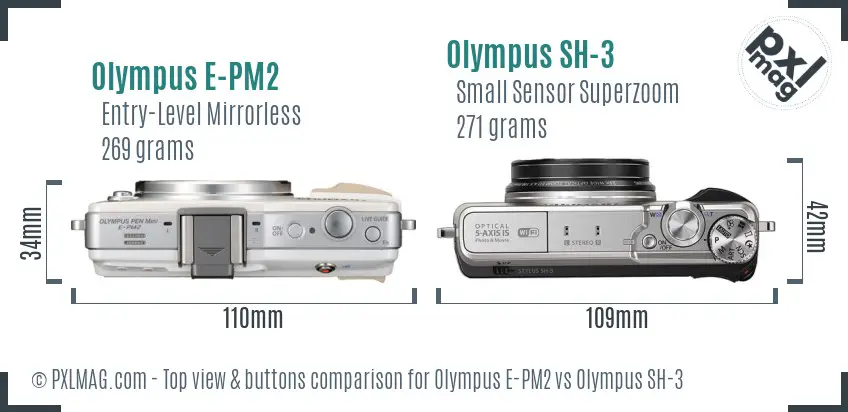 Olympus E-PM2 vs Olympus SH-3 top view buttons comparison