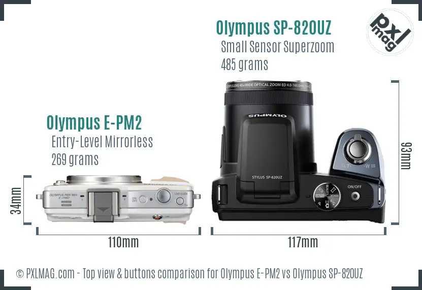 Olympus E-PM2 vs Olympus SP-820UZ top view buttons comparison