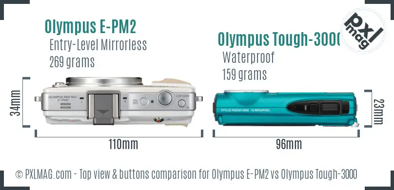 Olympus E-PM2 vs Olympus Tough-3000 top view buttons comparison