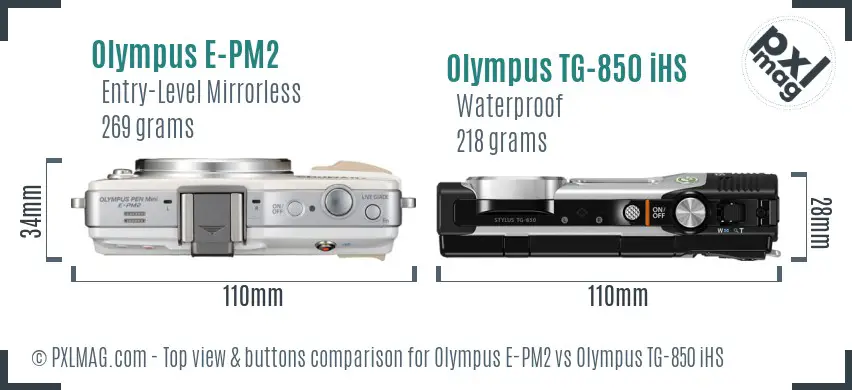 Olympus E-PM2 vs Olympus TG-850 iHS top view buttons comparison