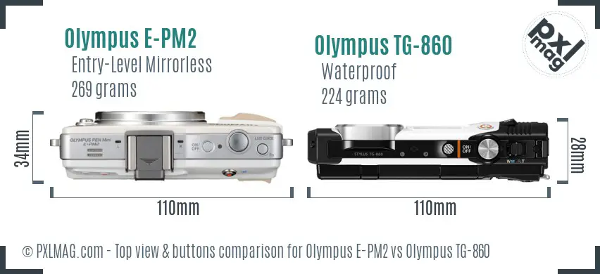 Olympus E-PM2 vs Olympus TG-860 top view buttons comparison