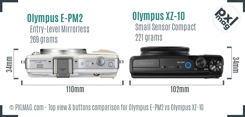 Olympus E-PM2 vs Olympus XZ-10 top view buttons comparison