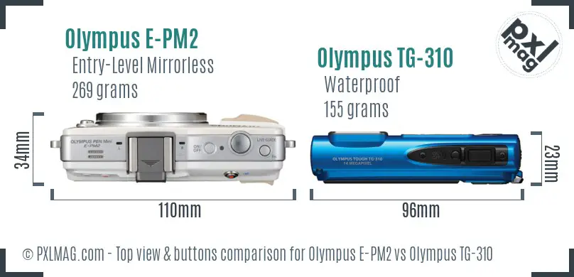 Olympus E-PM2 vs Olympus TG-310 top view buttons comparison