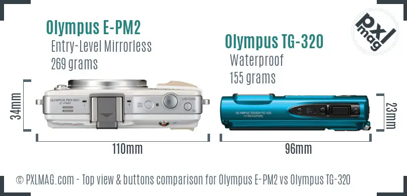 Olympus E-PM2 vs Olympus TG-320 top view buttons comparison