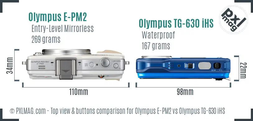 Olympus E-PM2 vs Olympus TG-630 iHS top view buttons comparison