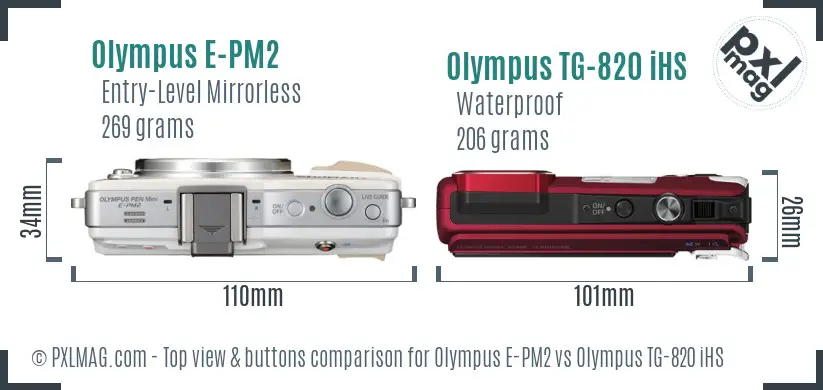 Olympus E-PM2 vs Olympus TG-820 iHS top view buttons comparison