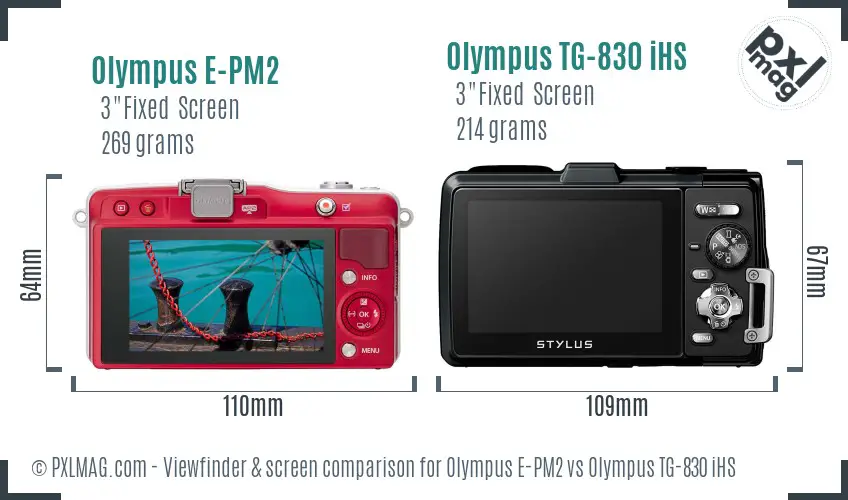 Olympus E-PM2 vs Olympus TG-830 iHS Screen and Viewfinder comparison