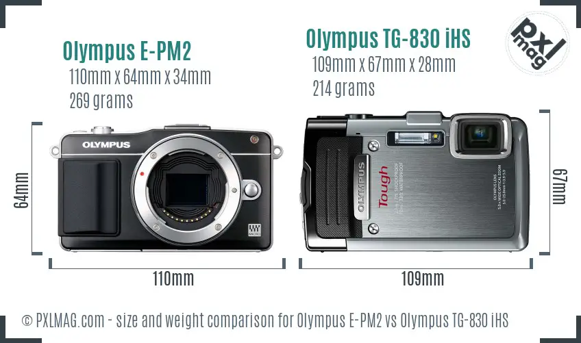 Olympus E-PM2 vs Olympus TG-830 iHS size comparison