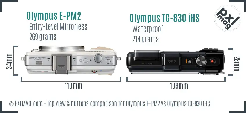 Olympus E-PM2 vs Olympus TG-830 iHS top view buttons comparison