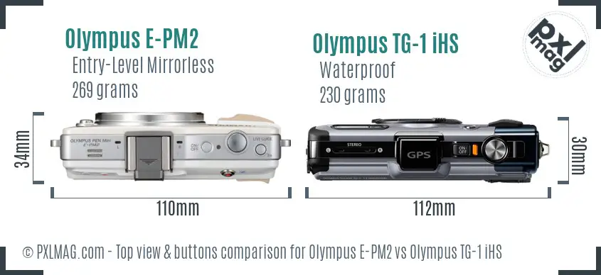 Olympus E-PM2 vs Olympus TG-1 iHS top view buttons comparison