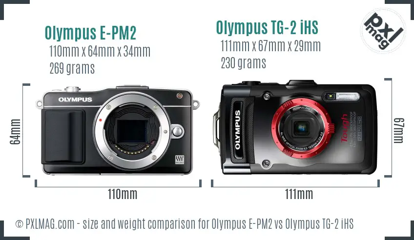 Olympus E-PM2 vs Olympus TG-2 iHS size comparison