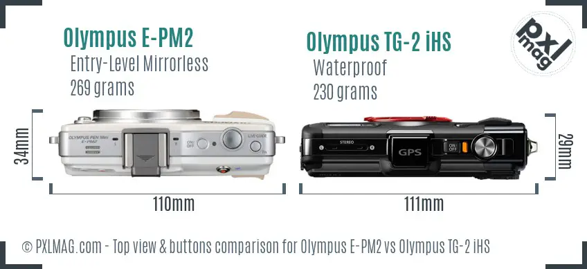 Olympus E-PM2 vs Olympus TG-2 iHS top view buttons comparison