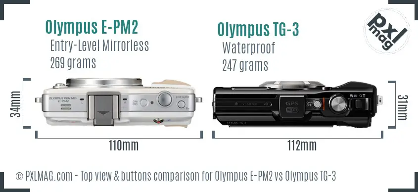 Olympus E-PM2 vs Olympus TG-3 top view buttons comparison