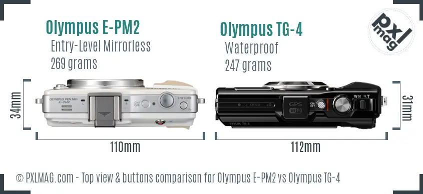 Olympus E-PM2 vs Olympus TG-4 top view buttons comparison