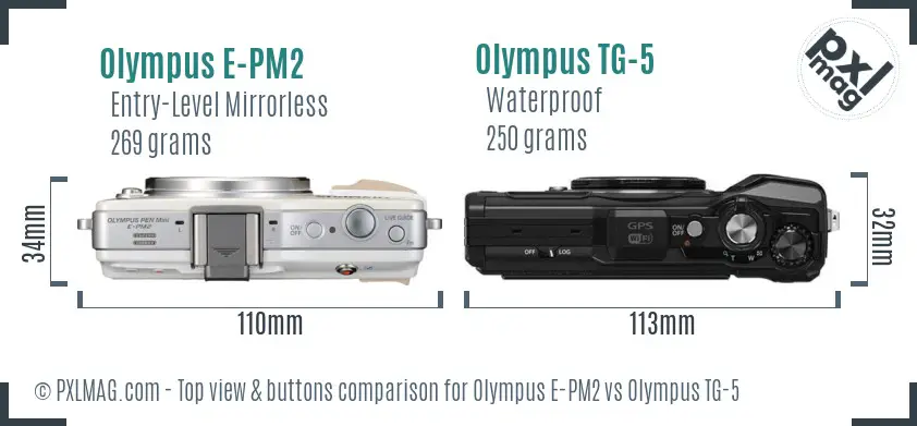 Olympus E-PM2 vs Olympus TG-5 top view buttons comparison
