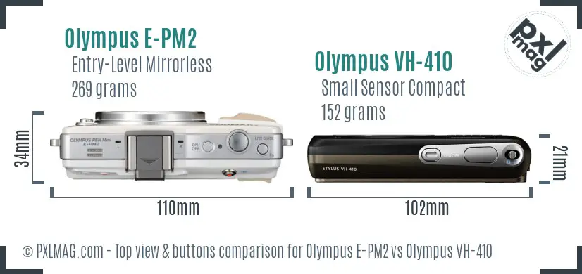 Olympus E-PM2 vs Olympus VH-410 top view buttons comparison