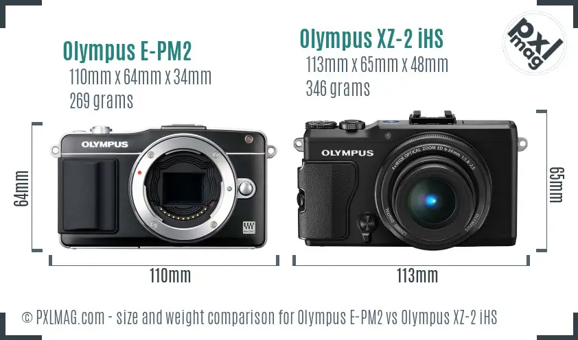 Olympus E-PM2 vs Olympus XZ-2 iHS size comparison