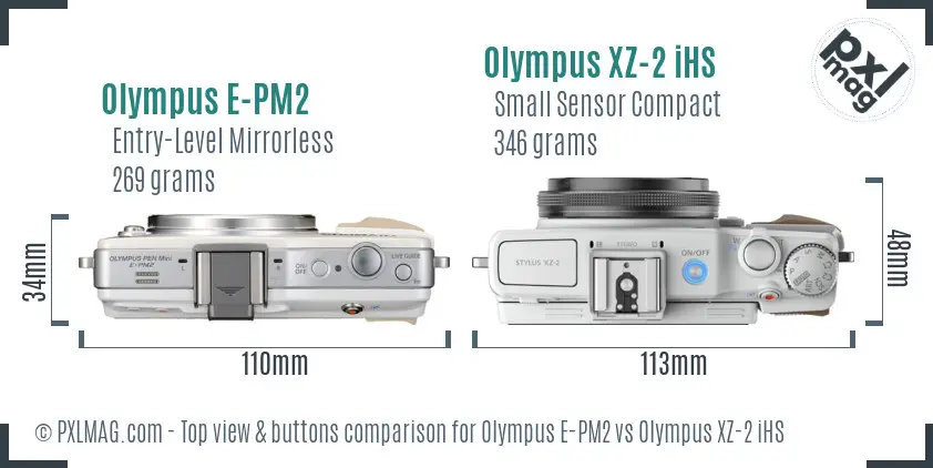 Olympus E-PM2 vs Olympus XZ-2 iHS top view buttons comparison