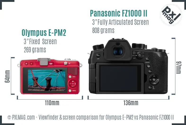 Olympus E-PM2 vs Panasonic FZ1000 II Screen and Viewfinder comparison