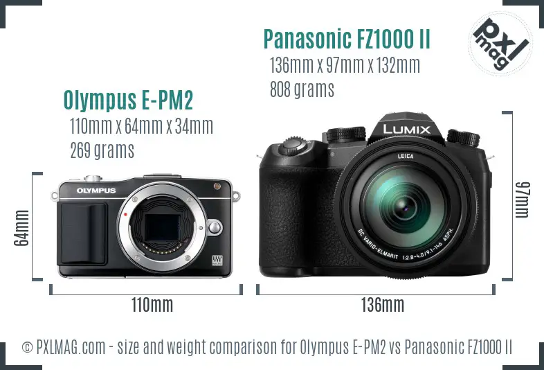 Olympus E-PM2 vs Panasonic FZ1000 II size comparison